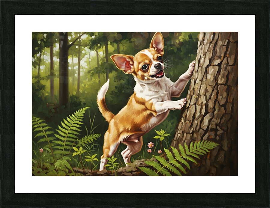 Chihuahua Puppy Spots Squirrel In Tree Picture Frame print