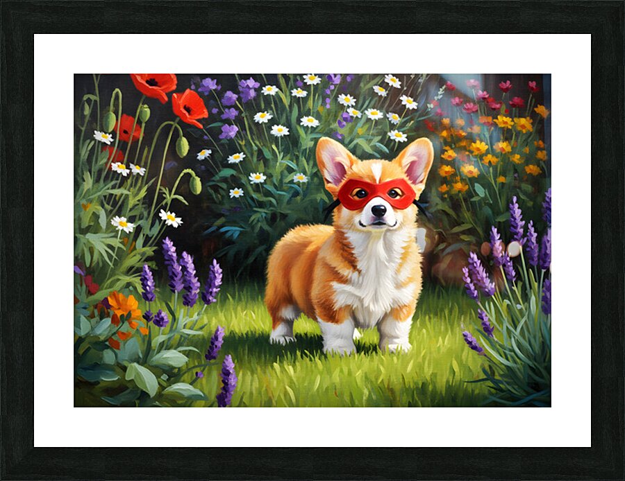 Corgi Puppy Discovers Superhero Mask In Bedroom Picture Frame print