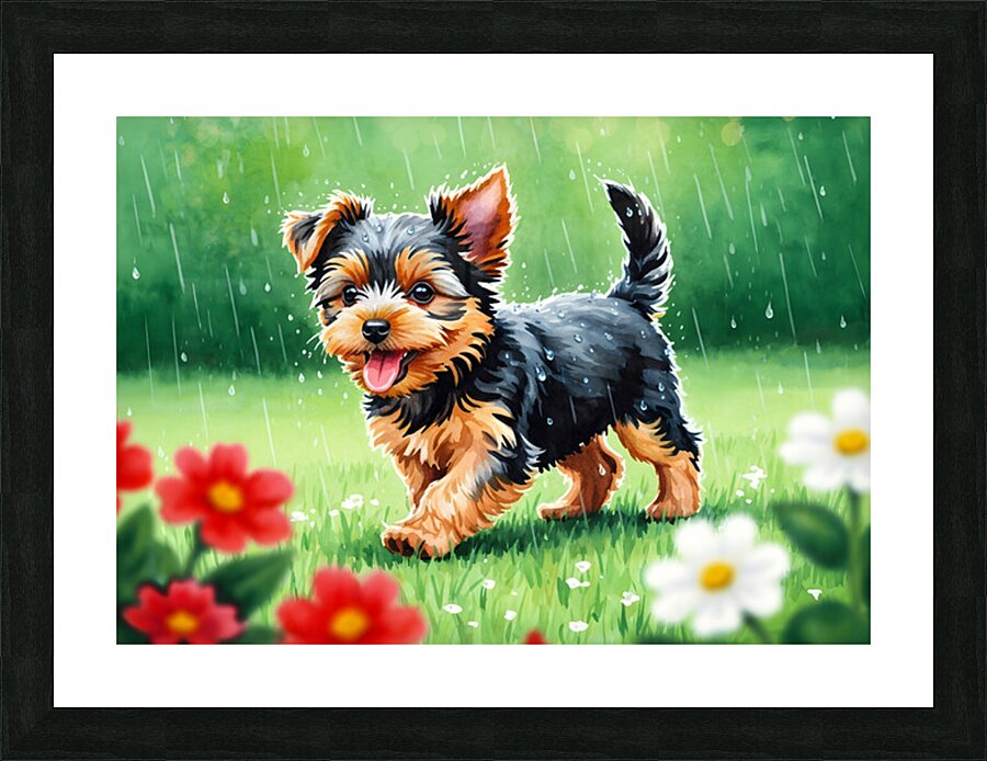Content Yorkshire Terrier Puppy Rests After Raindrop Adventure Picture Frame print