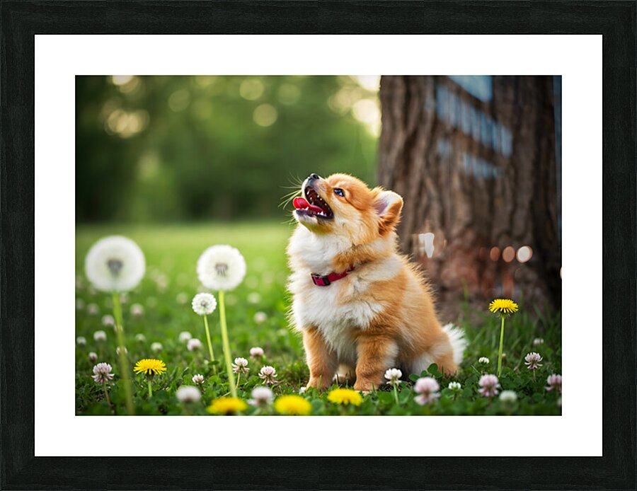 Playful Pomeranian Puppy Finds New Fun Around The Tree Picture Frame print