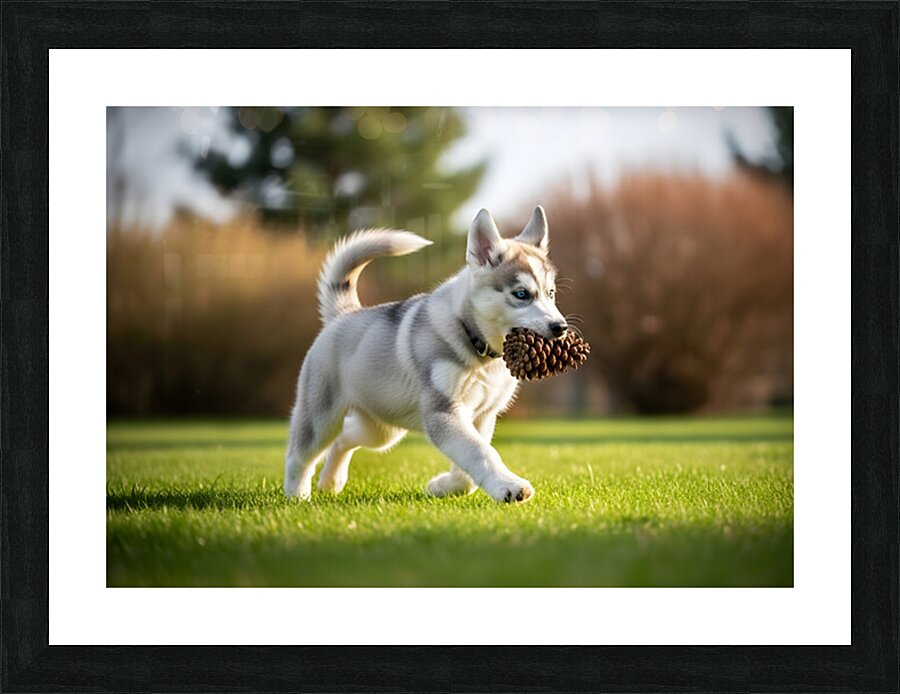 Siberian Husky Puppy Discovers Pinecone In Sunny Garden Picture Frame print