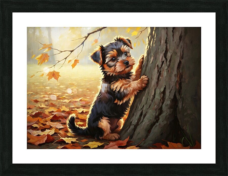 Yorkshire Terrier Puppy Spots Squirrel At Tree Base Impression et Cadre photo