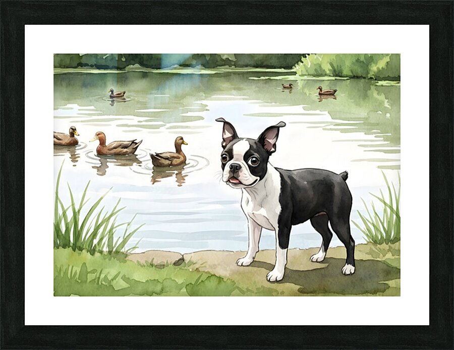 Boston Terrier Puppy Discovers A Peaceful Pond Picture Frame print