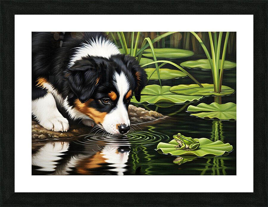 Australian Shepherd Puppy Discovers A Quiet Pond Picture Frame print