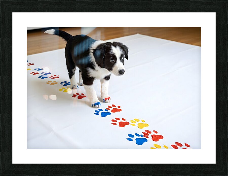 Border Collie Puppy Proudly Shows Off Finished Paw Art Impression et Cadre photo