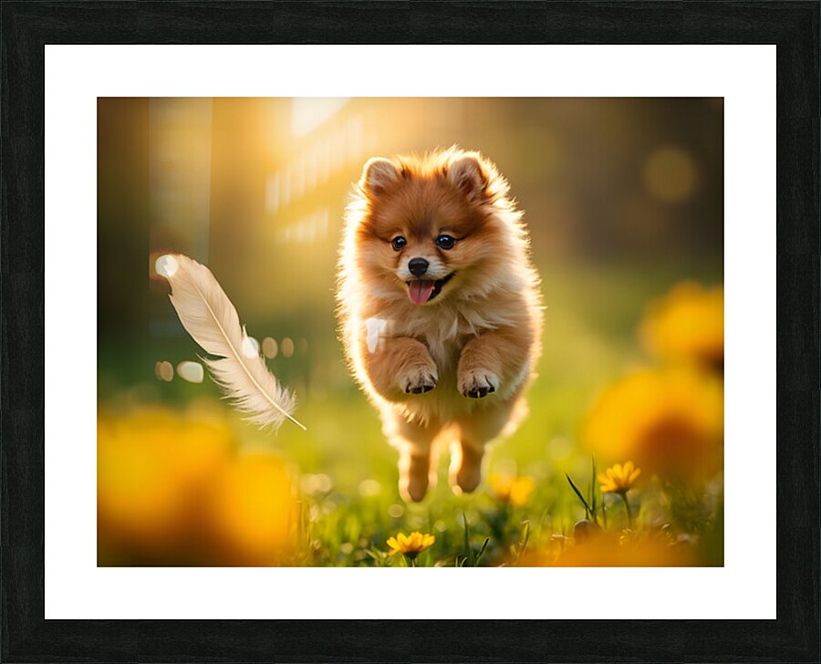 Feather Lands On Happy Pomeranian Puppy Impression et Cadre photo