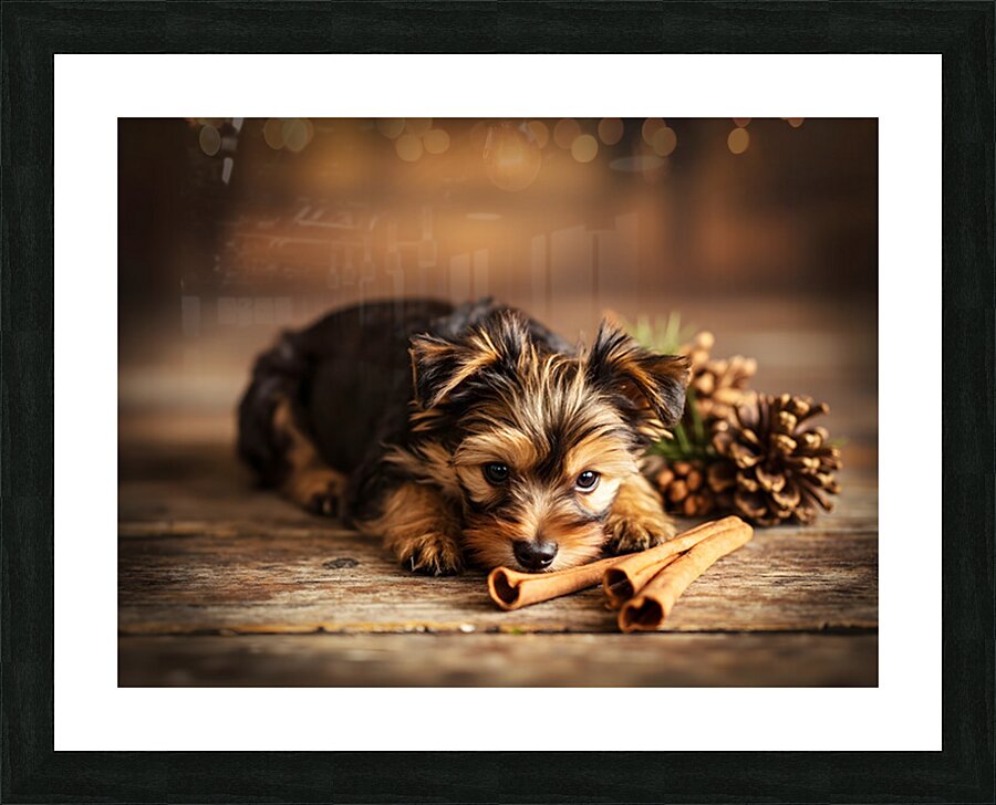 Happy Yorkshire Terrier Puppy With Nature Treasures Impression et Cadre photo