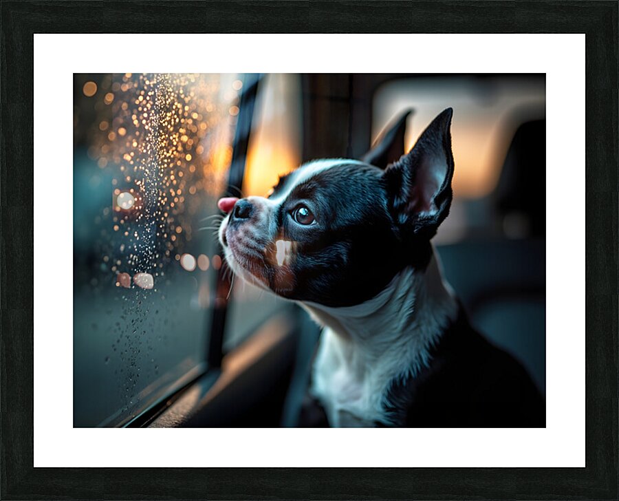 Boston Terrier Puppy Watches Rain From Car Window Picture Frame print