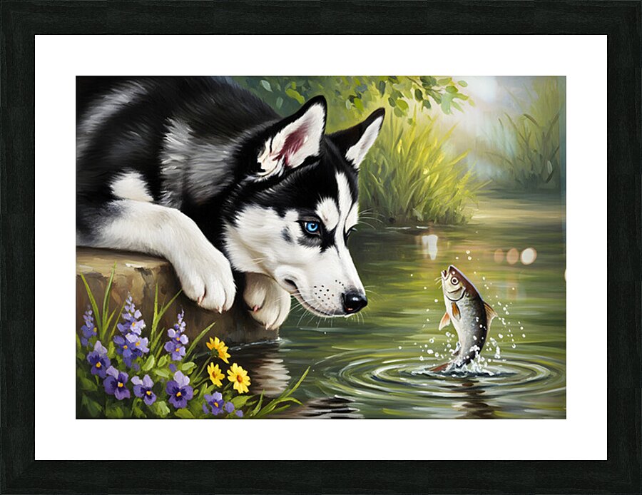Curious Husky Puppy Discovers Garden Pond Picture Frame print
