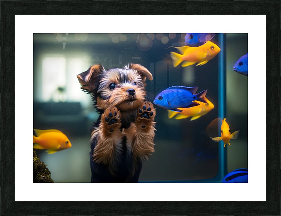 Yorkshire Terrier Puppy Discovers Amazing Aquarium World Impression et Cadre photo