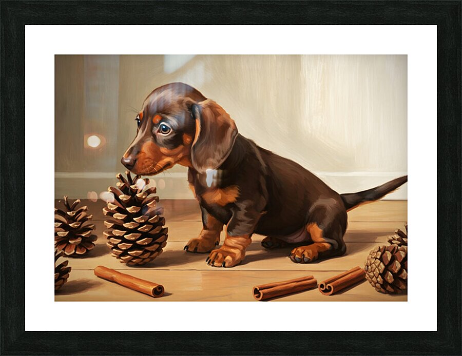 Happy Dachshund Puppy Relaxing With Natural Treasures Impression et Cadre photo