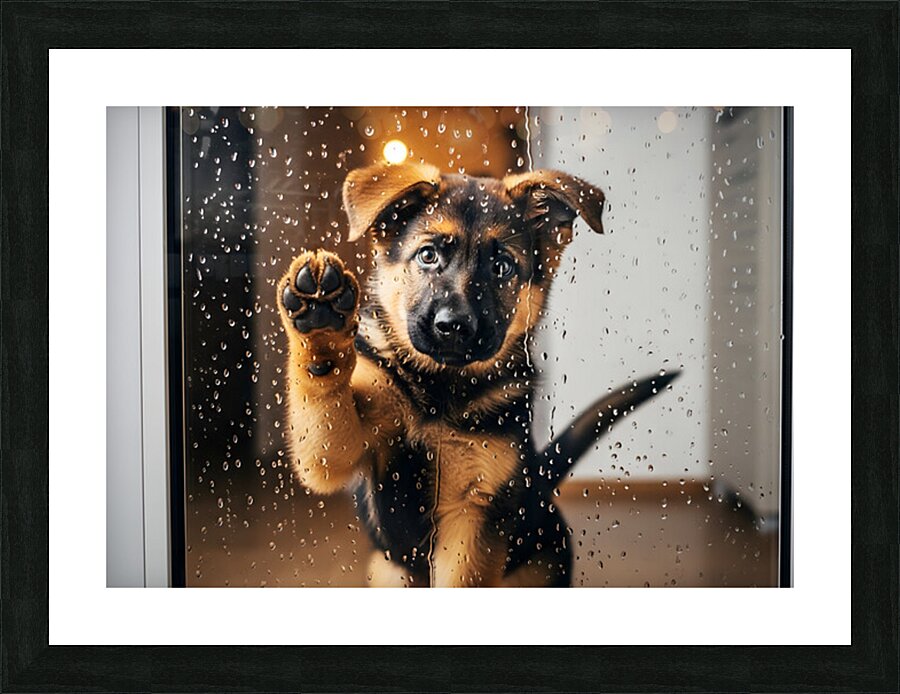 Confused German Shepherd Puppy Tilts Head At Glass Door Impression et Cadre photo