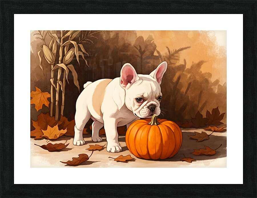 French Bulldog Puppy Discovers Autumn Pumpkin Patch Picture Frame print