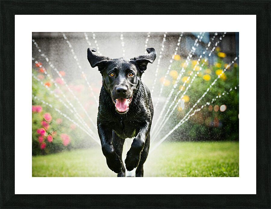 Wet German Shepherd Puppy Rests By Sprinkler Happily Impression et Cadre photo