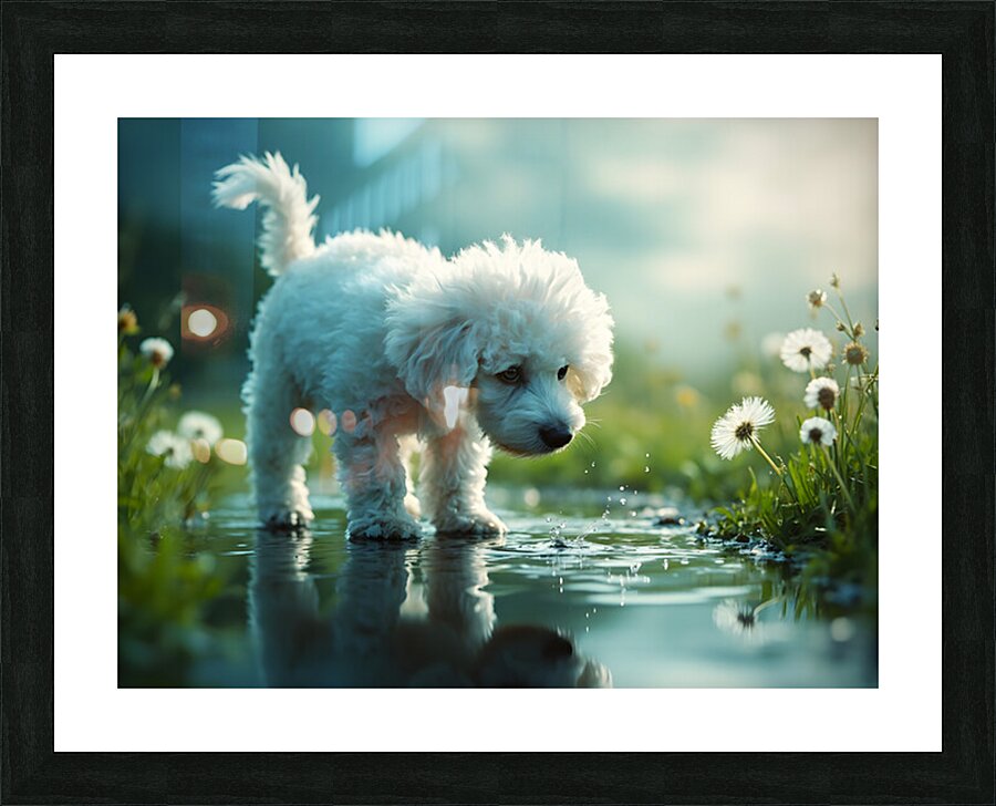 Poodle Puppy Discovers Her Reflection In A Puddle Impression et Cadre photo