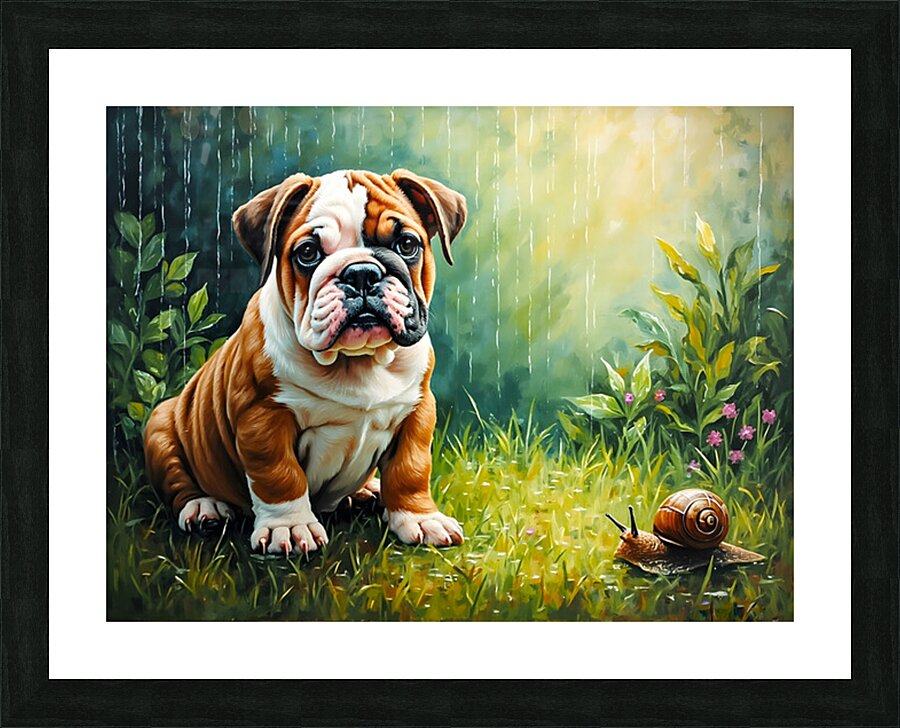 Bulldog Puppy Discovers Garden Snail On Rainy Day Picture Frame print