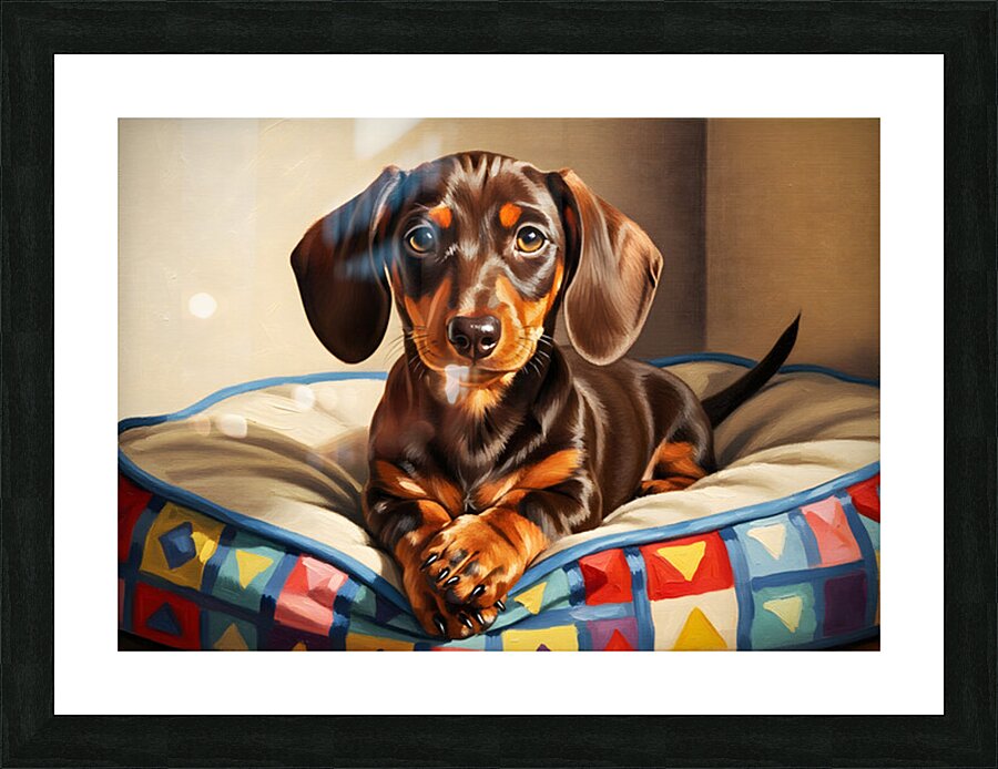 Dachshund Puppy Content On Cozy Dog Bed Picture Frame print