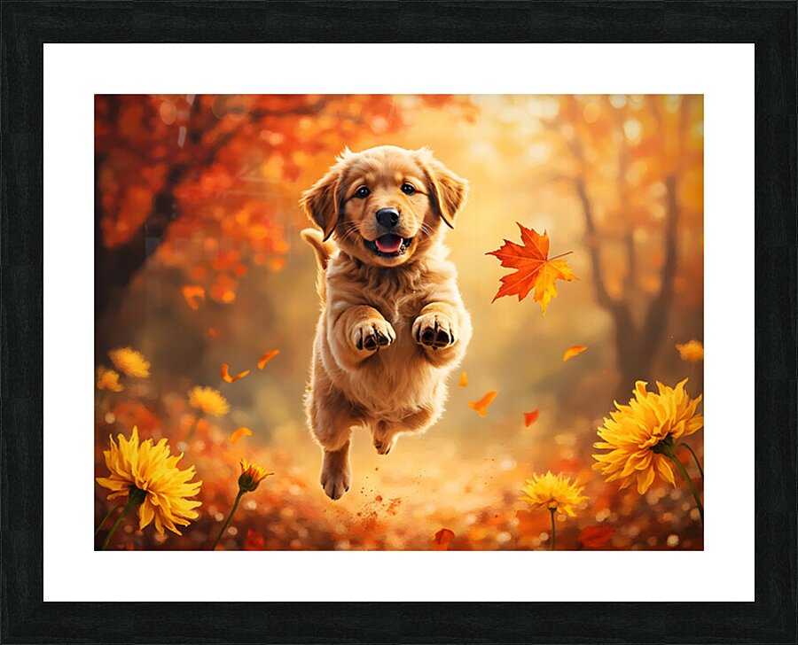 Golden Retriever Puppy Spots Dancing Autumn Leaves Impression et Cadre photo