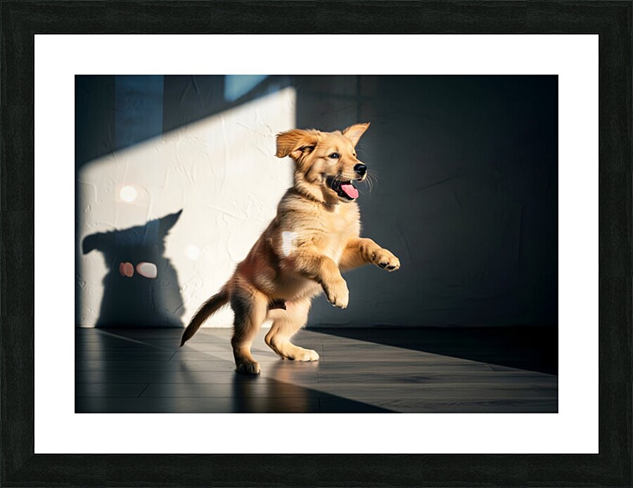 Golden Retriever Puppy Discovers Dancing Wall Shadows Picture Frame print