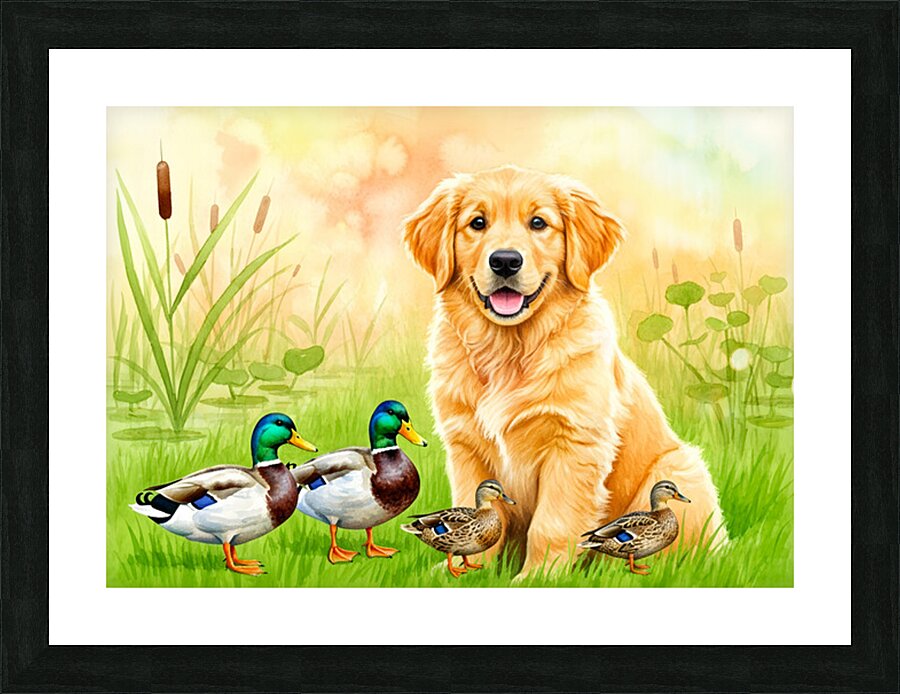 Golden Retriever Puppy Discovers The Pond Picture Frame print