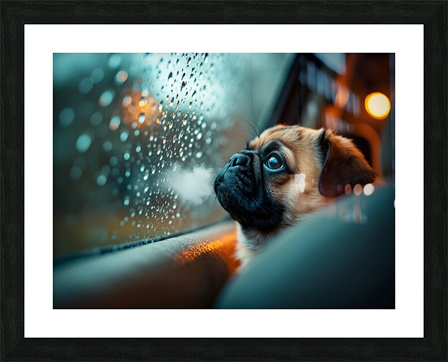 Pug Puppy Watches First Rainstorm From Car Window Impression et Cadre photo