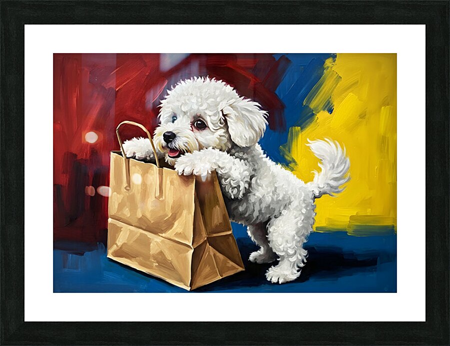 Bichon Frise Puppy Discovers Mysterious Shopping Bag Picture Frame print