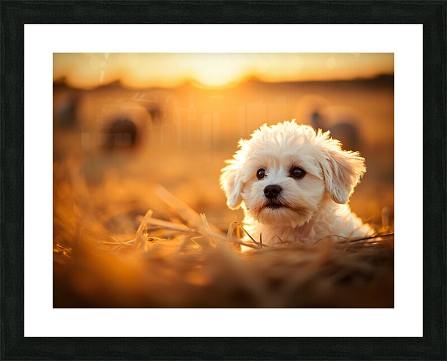 Playful Bichon Frise Puppy Slides Down Haystack Picture Frame print