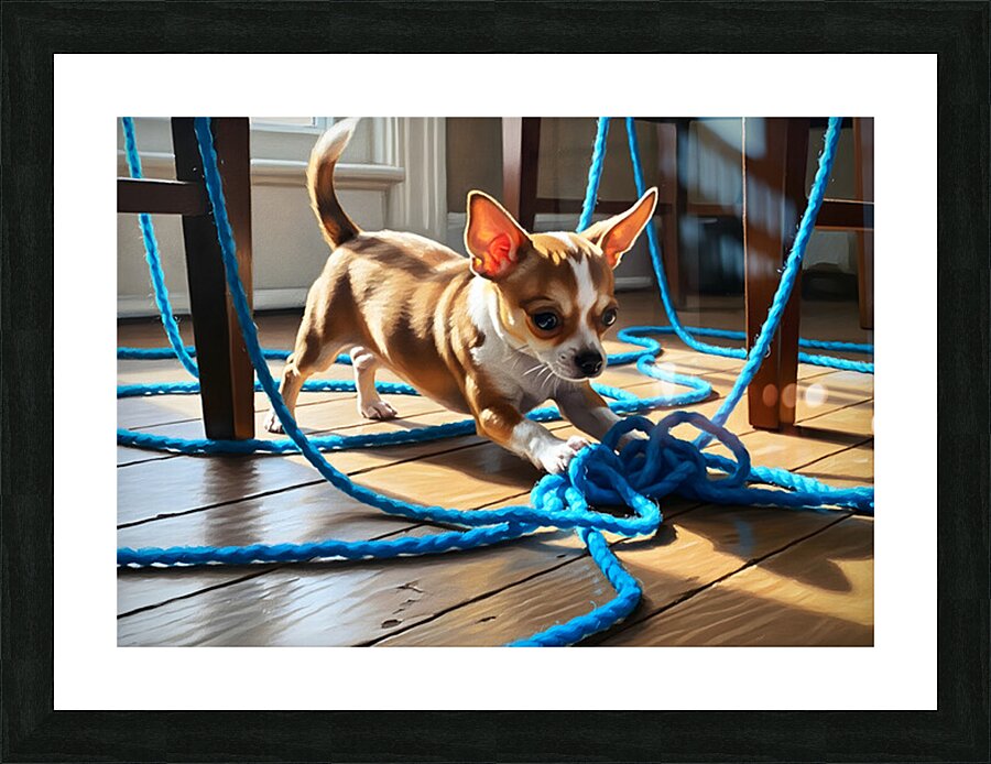 Chihuahua Puppy Discovers Yarn Ball Picture Frame print