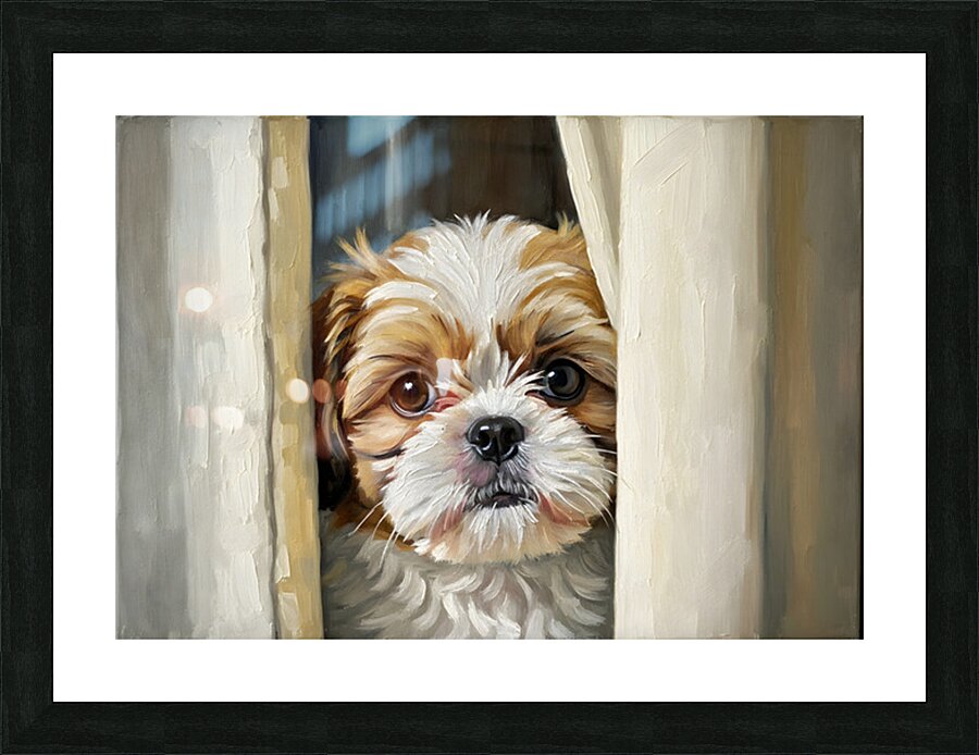 Shih Tzu Puppys Perfect Hiding Spot Behind Curtain Impression et Cadre photo