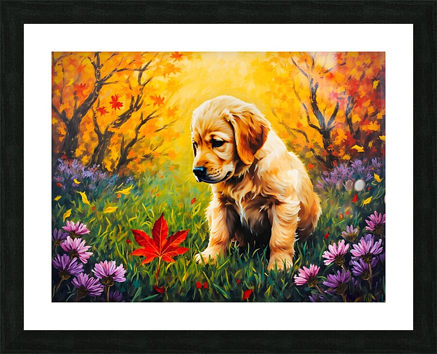 Happy Golden Retriever Puppy Decorated With Leaves Picture Frame print