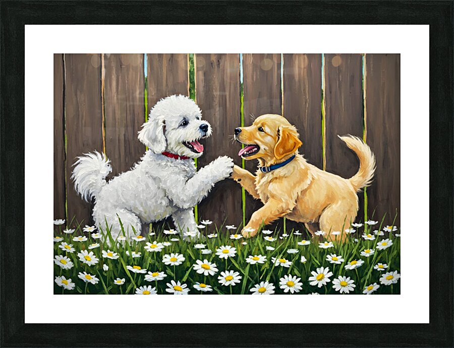 Happy Bichon Frise Puppy Plays With Fence Friend Picture Frame print