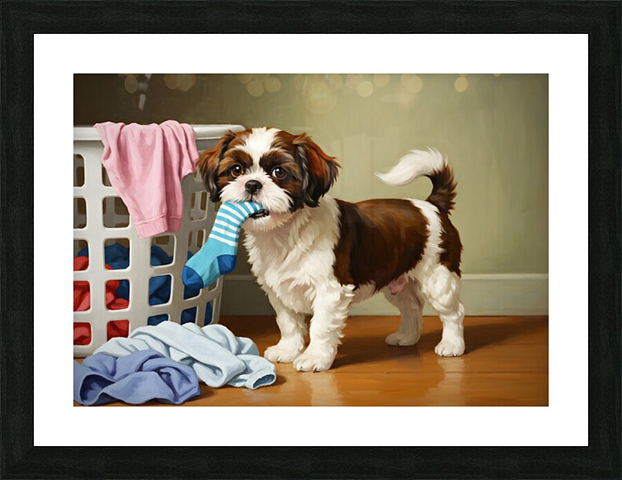 Playful Shih Tzu Puppy Escapes With Stolen Sock Picture Frame print