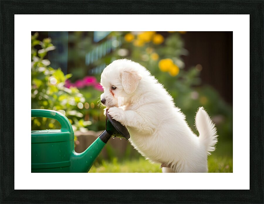 Curious Bichon Frise Puppy Discovers Garden Watering Can Impression et Cadre photo