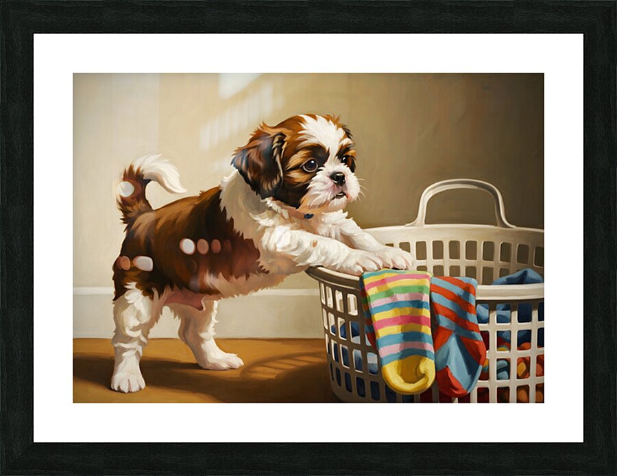 Shih Tzu Puppy Spots Tempting Sock In Laundry Basket Impression et Cadre photo