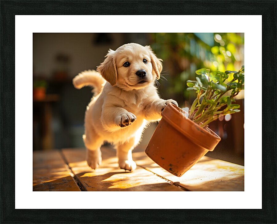 Golden Retriever Puppy Reaches For Plant Pot Impression et Cadre photo