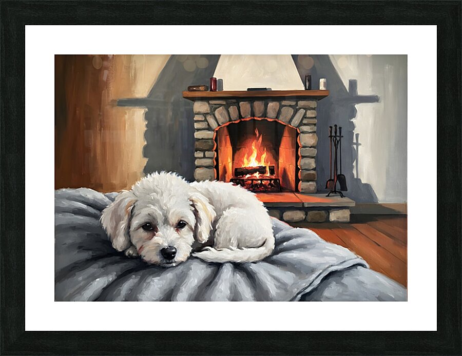 Bichon Frise Puppy Dreams By The Fireplace Impression et Cadre photo