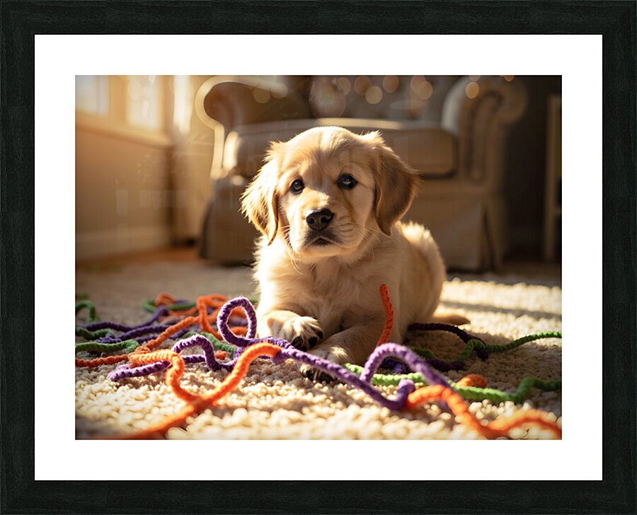 Golden Retriever Puppy Discovers Colorful Yarn Ball Picture Frame print