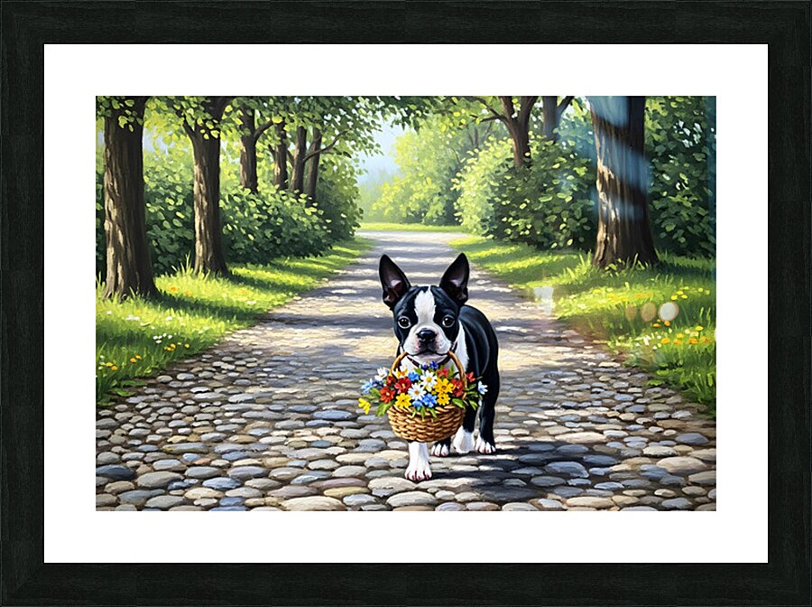 Boston Terrier Puppy With Flower Basket In Garden Picture Frame print