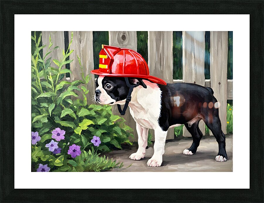 Boston Terrier Puppy Dreams Of Being A Brave Firefighter Picture Frame print