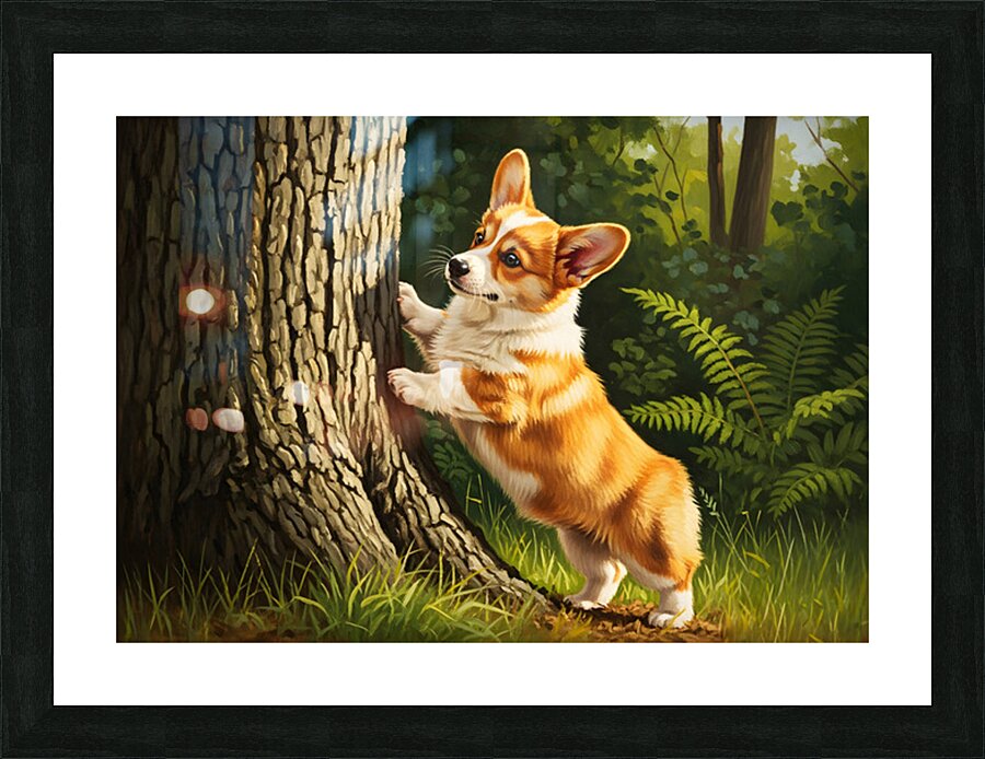 Corgi Puppy Spots Squirrel At Tree Base Picture Frame print