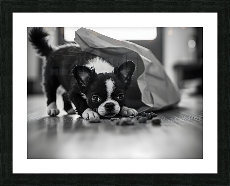 Excited Boston Terrier Puppy Emerges From Shopping Bag Discovery Impression et Cadre photo