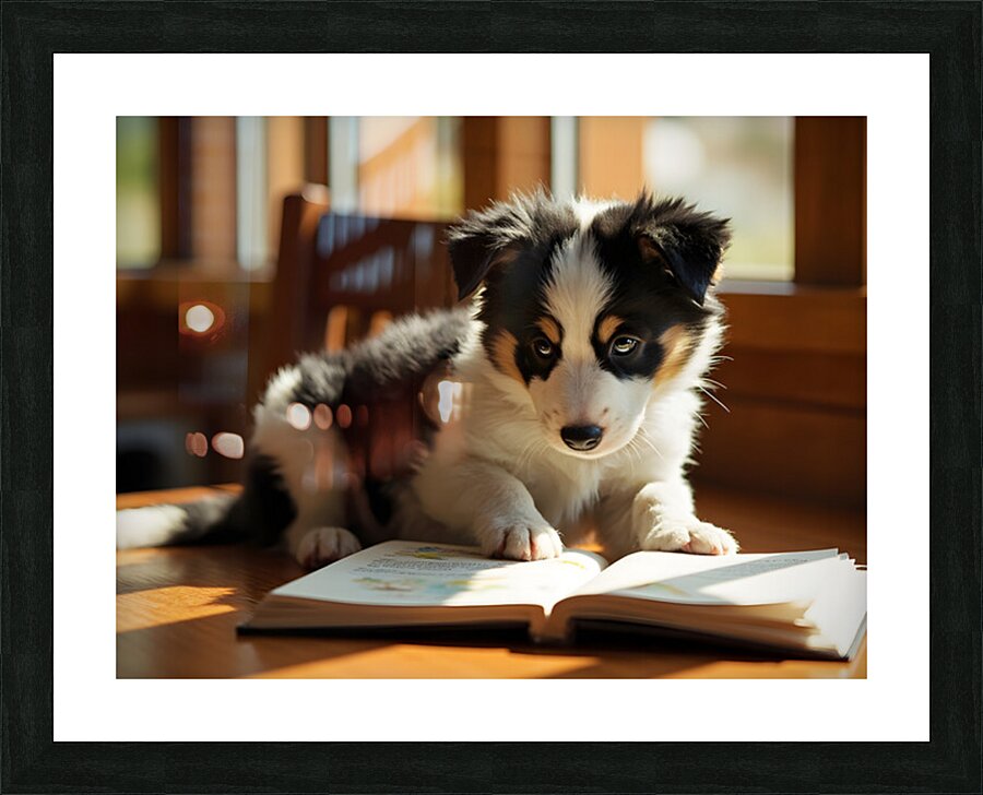 Playful Border Collie Puppy Interacts With Book Pages Impression et Cadre photo