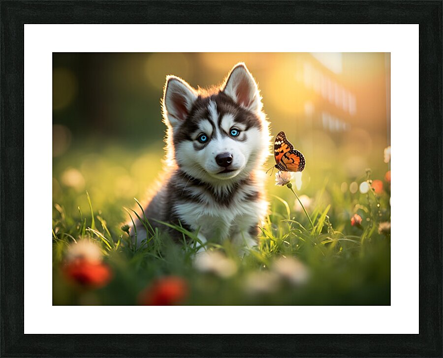 Butterfly Lands Gently On Husky Puppys Nose Picture Frame print
