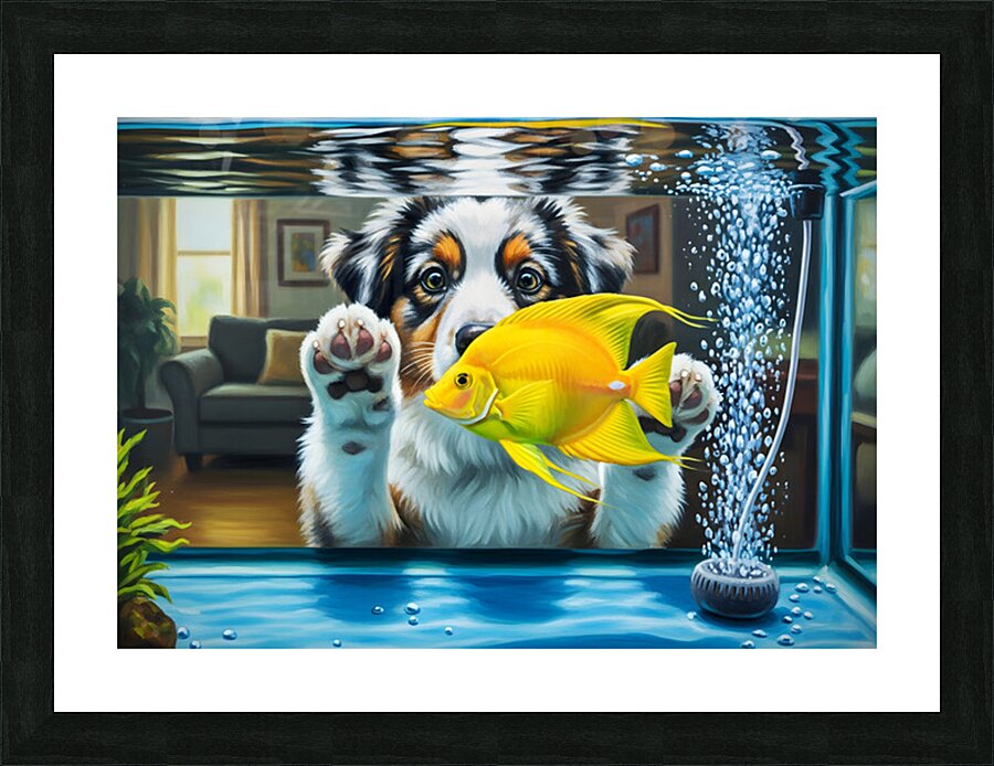 Australian Shepherd Puppy Discovers Amazing Fish Tank Picture Frame print