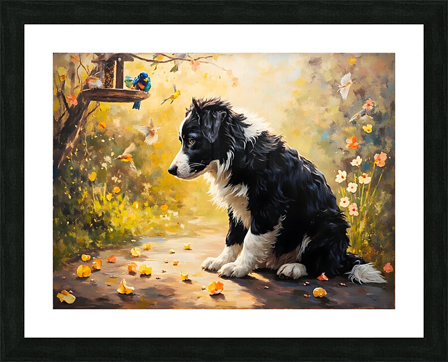 Content Border Collie Puppy Enjoys Watching Birds From Garden Below Picture Frame print