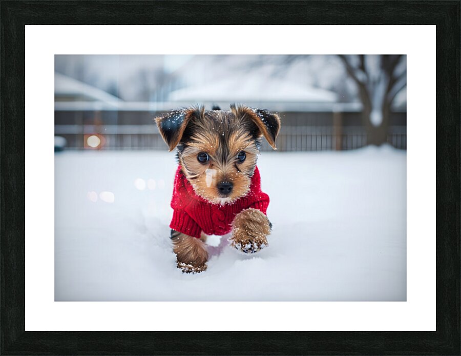 Yorkshire Terrier Puppy Watches Winter Snow Fall Picture Frame print