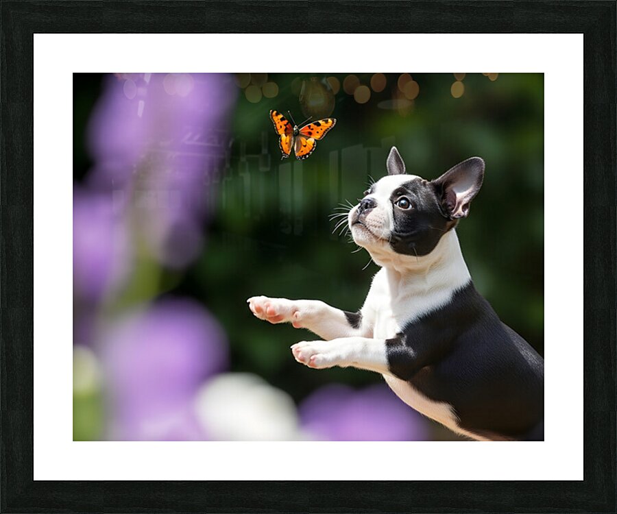 Boston Terrier Puppy Spots Butterfly In Garden Picture Frame print