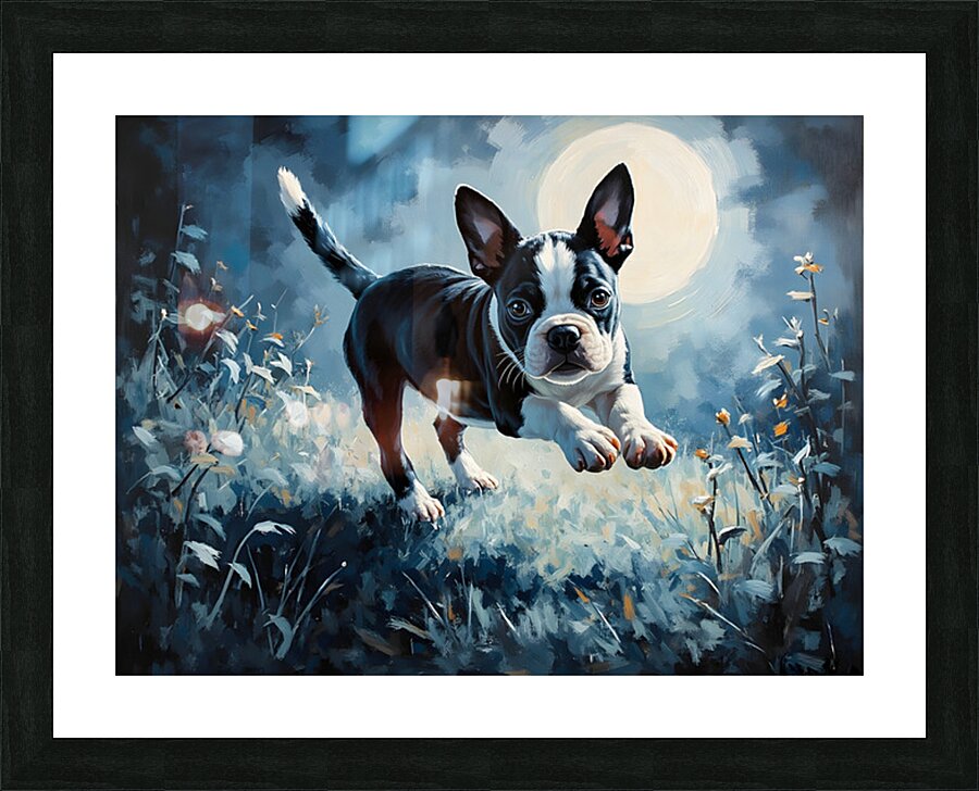 Boston Terrier Puppy Discovers Mysterious Nighttime Shadows Picture Frame print