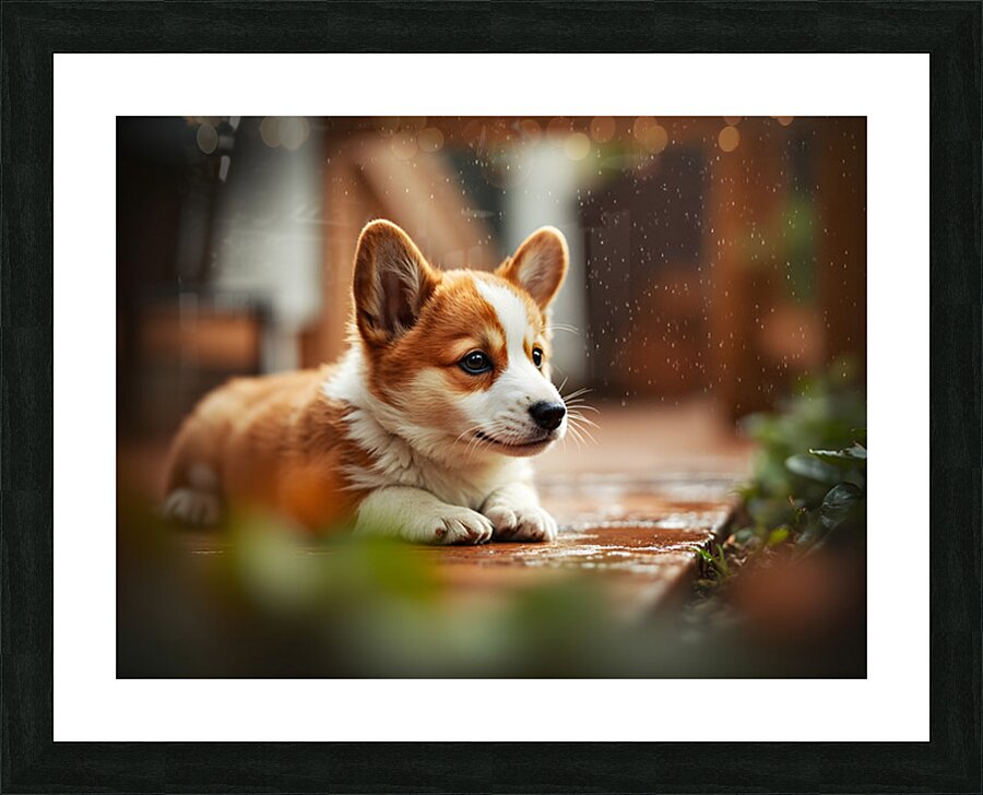 Corgi Puppy Takes Shelter From Heavy Rain Impression et Cadre photo