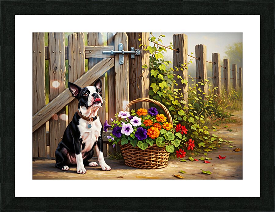 Boston Terrier Puppy Delivers Flowers To Loving Hands Impression et Cadre photo
